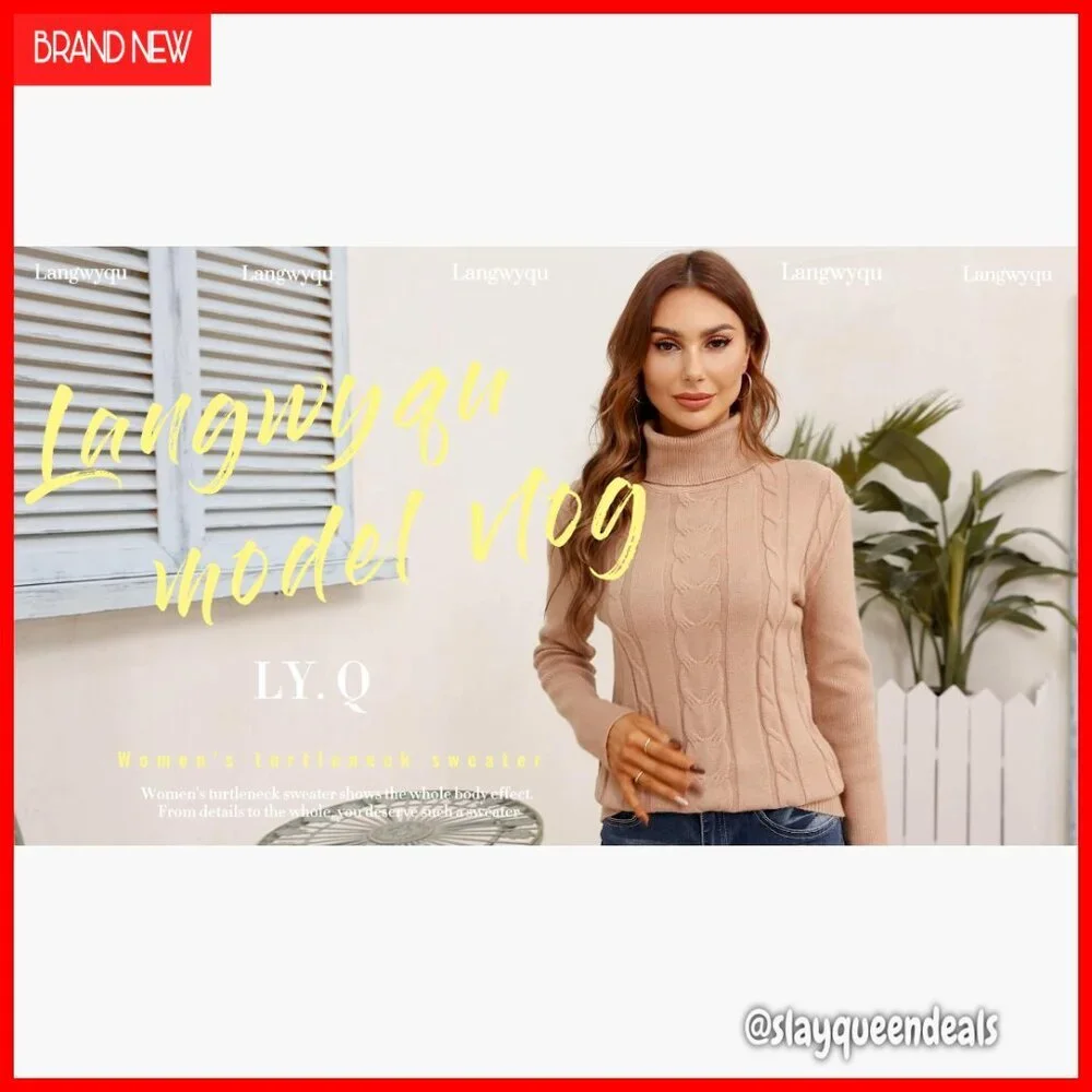 Turtleneck Cable Knit Sweater Long Sleeve Pullover Soft Stretchy Slim Fit